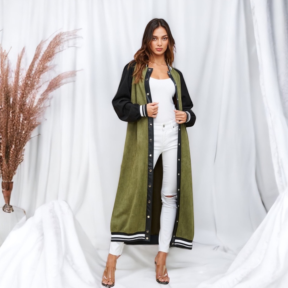 SoNo Chic Varsity Faux Suede Green Maxi Front Snap Jacket - Picture 2 of 14
